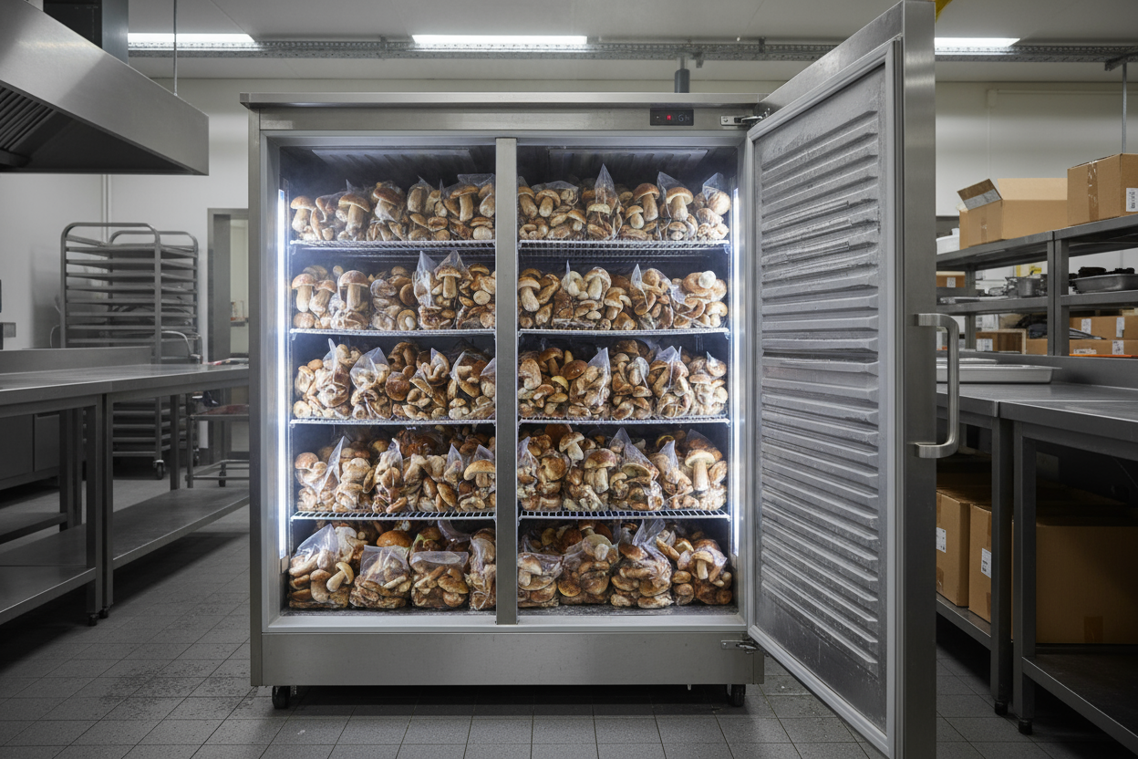Big comercial freezer filed with bags of boletus mushrooms