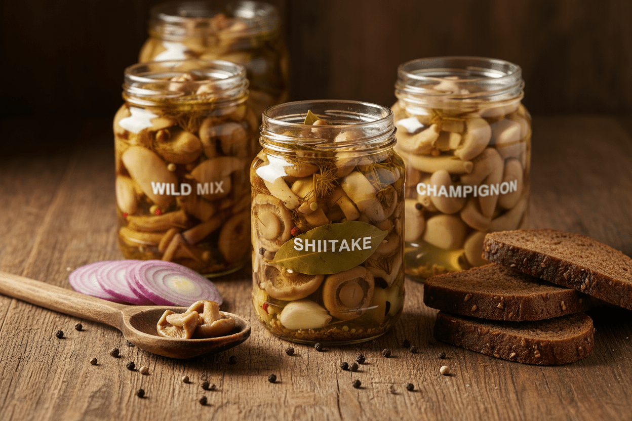 Jars of Pickled and marinated wild mushrooms, shiitake, champions on the table next bread and spoon with onions
