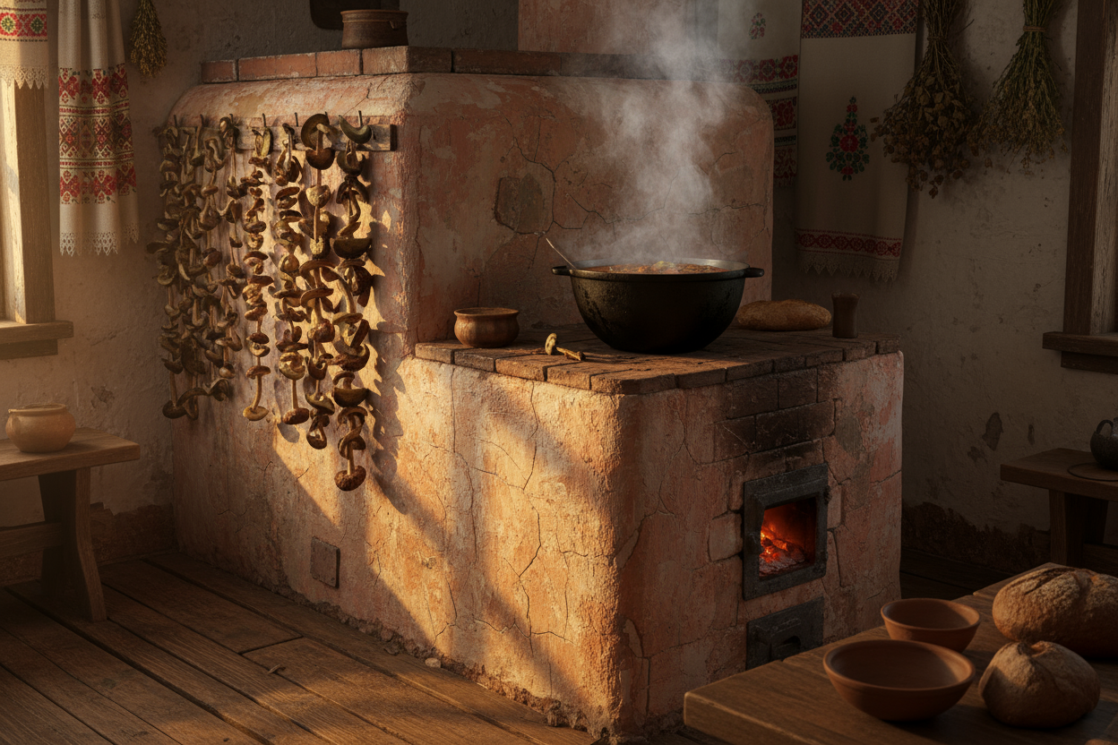 dry muschrooms hanging on the side of russian old style oven, big pot  boiling on the oven