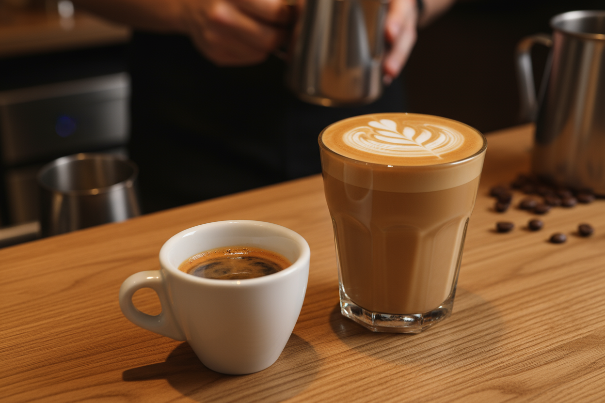 cup of espresso coffee and mug of coffee late served on the counter