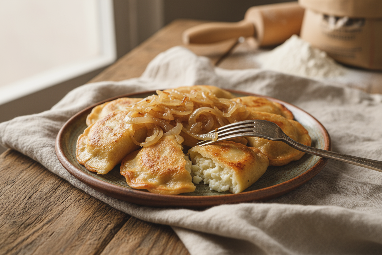 Traditional Polish pierogi with onions on wooden plate