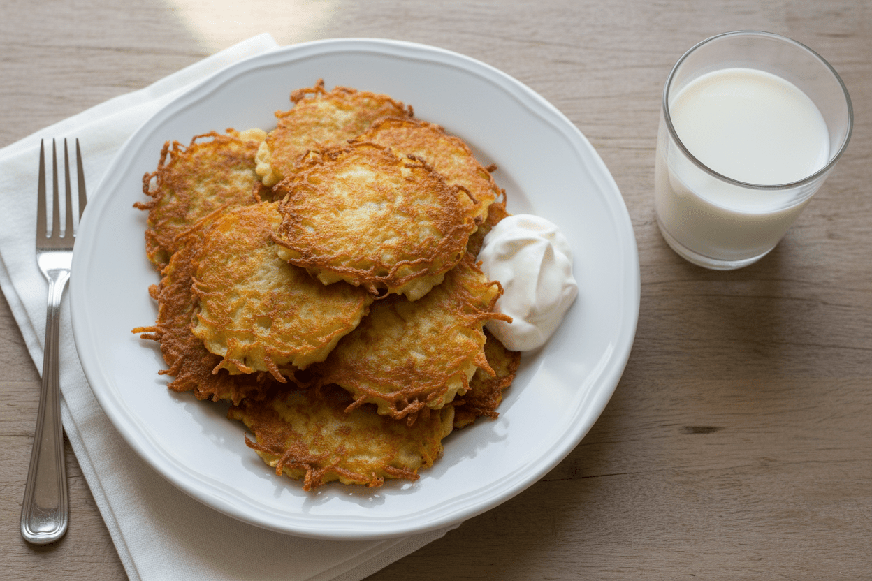 plate with potato pancakes with glass of milk next to