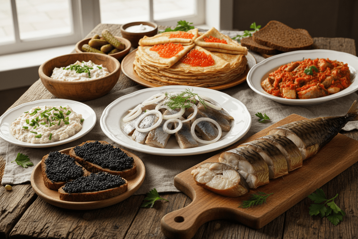 table with served food herring with onions crepes with red caviar, bread with black caviar