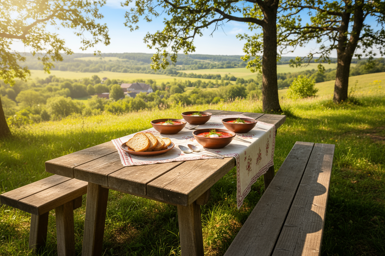 bowls of soup on rustick table covered with nice table clove sliced bread next to