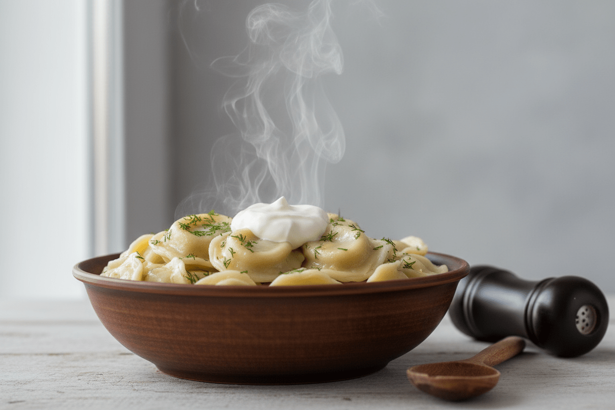 Traditional Russian pelmeni dumplings seved with sour cream