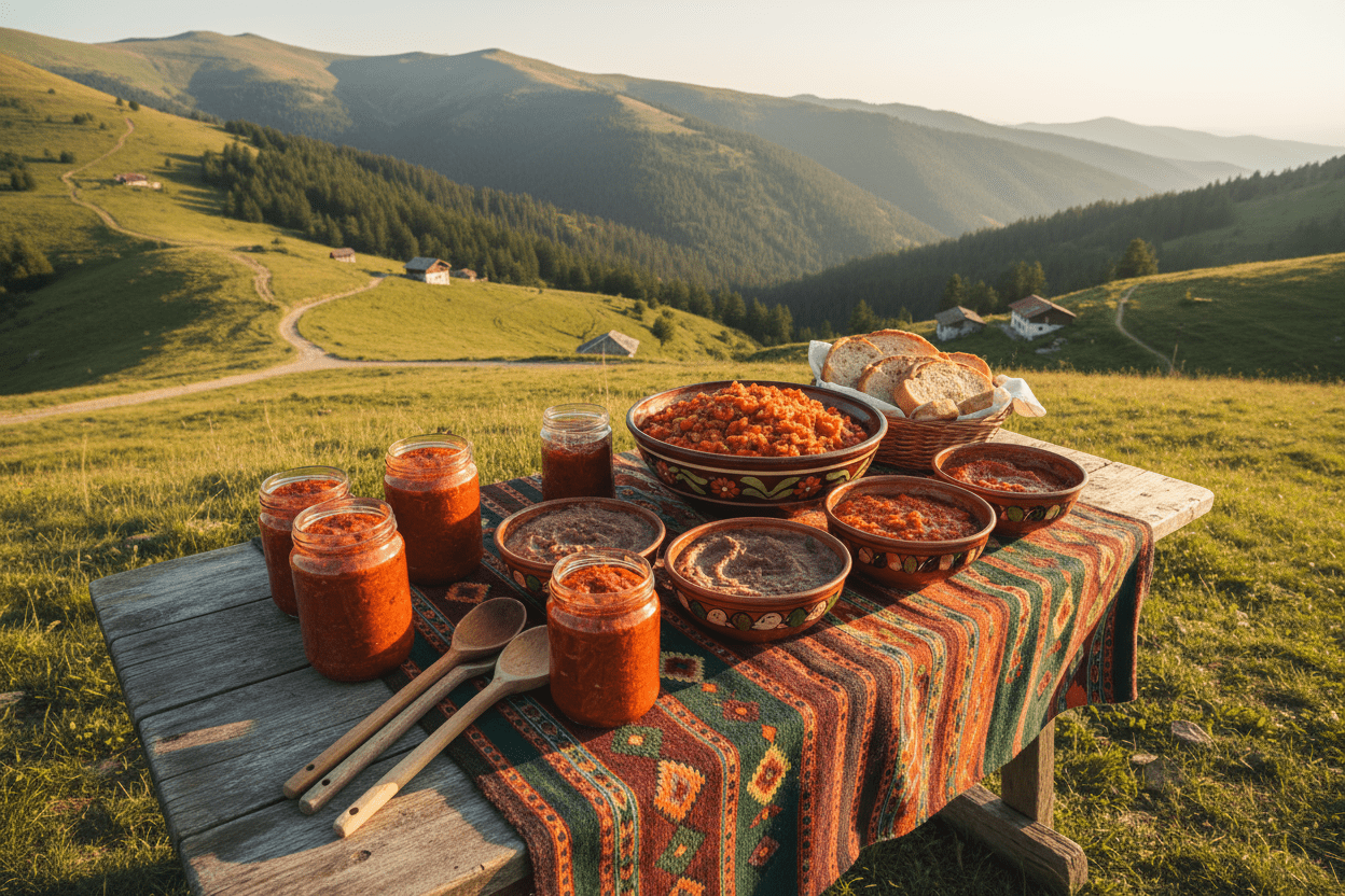 jars with Ajvar, bowl with lutenica eggplant spread next to sliced bread on the table in balcan mountains 