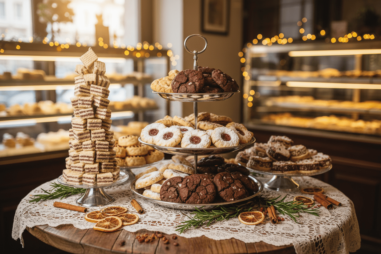 table with tower of eurowafle and napolitanka tree floor plate with cookies with jam filling