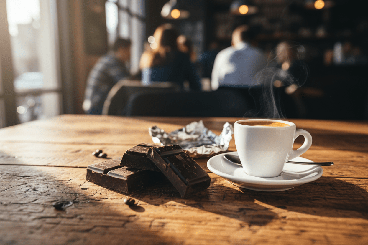 unwrepad dark cholad on coffe shop table with cup of espresso next to