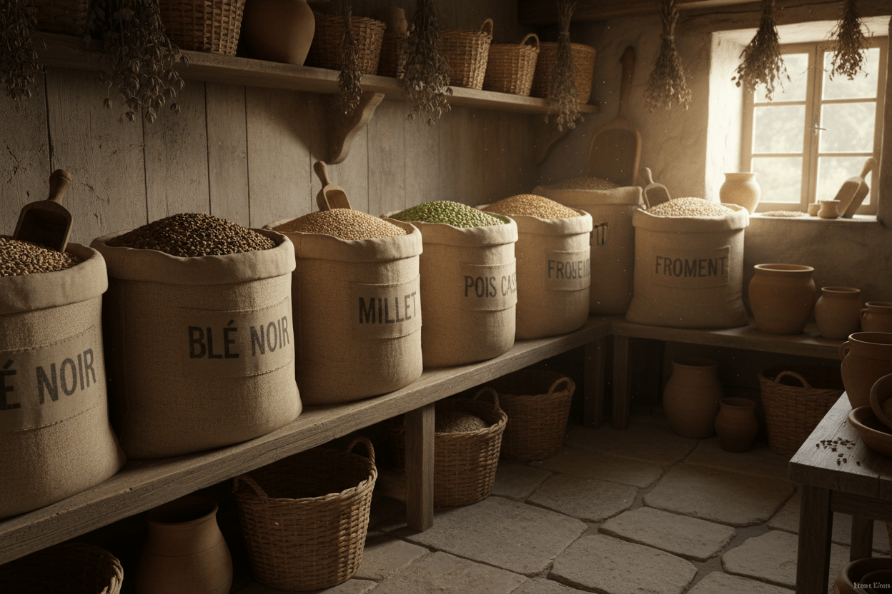 Big Bags of European grains includig buckweat, barley, millet, rice and beans on the banch at the village pantry