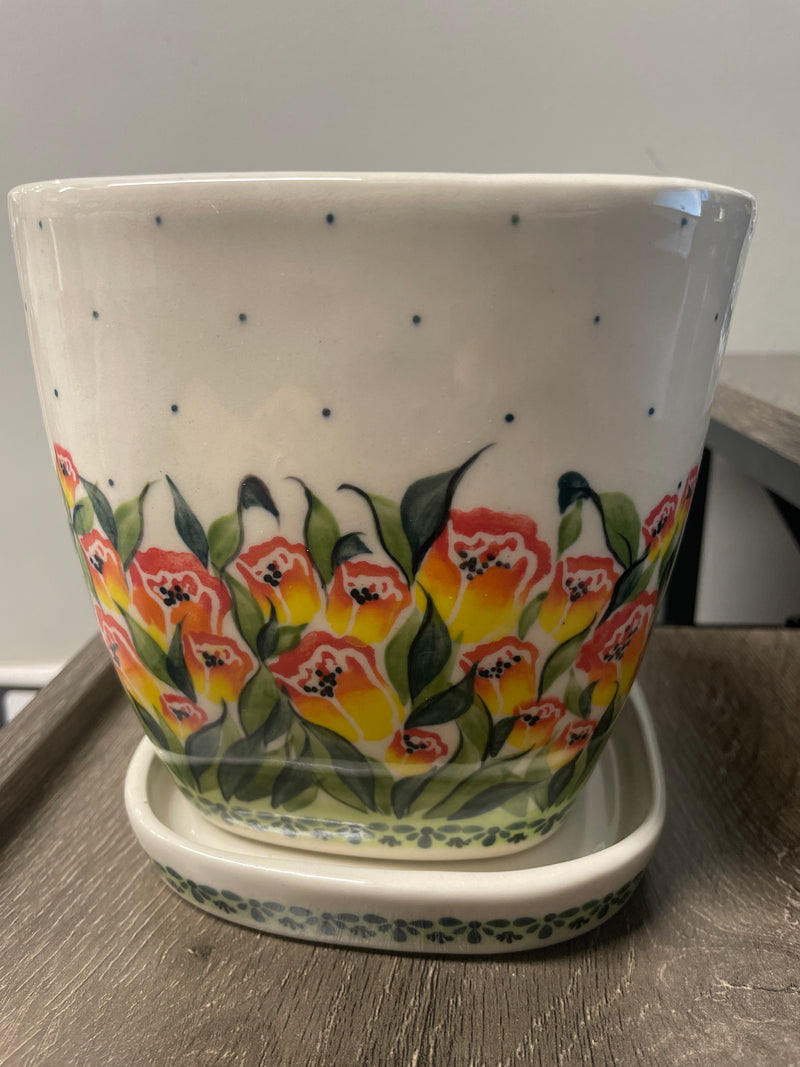 Bolesławiec pottery,DONICA,FLOWER POT,DO105,TULIPANY,TULIPS,SVITLANA