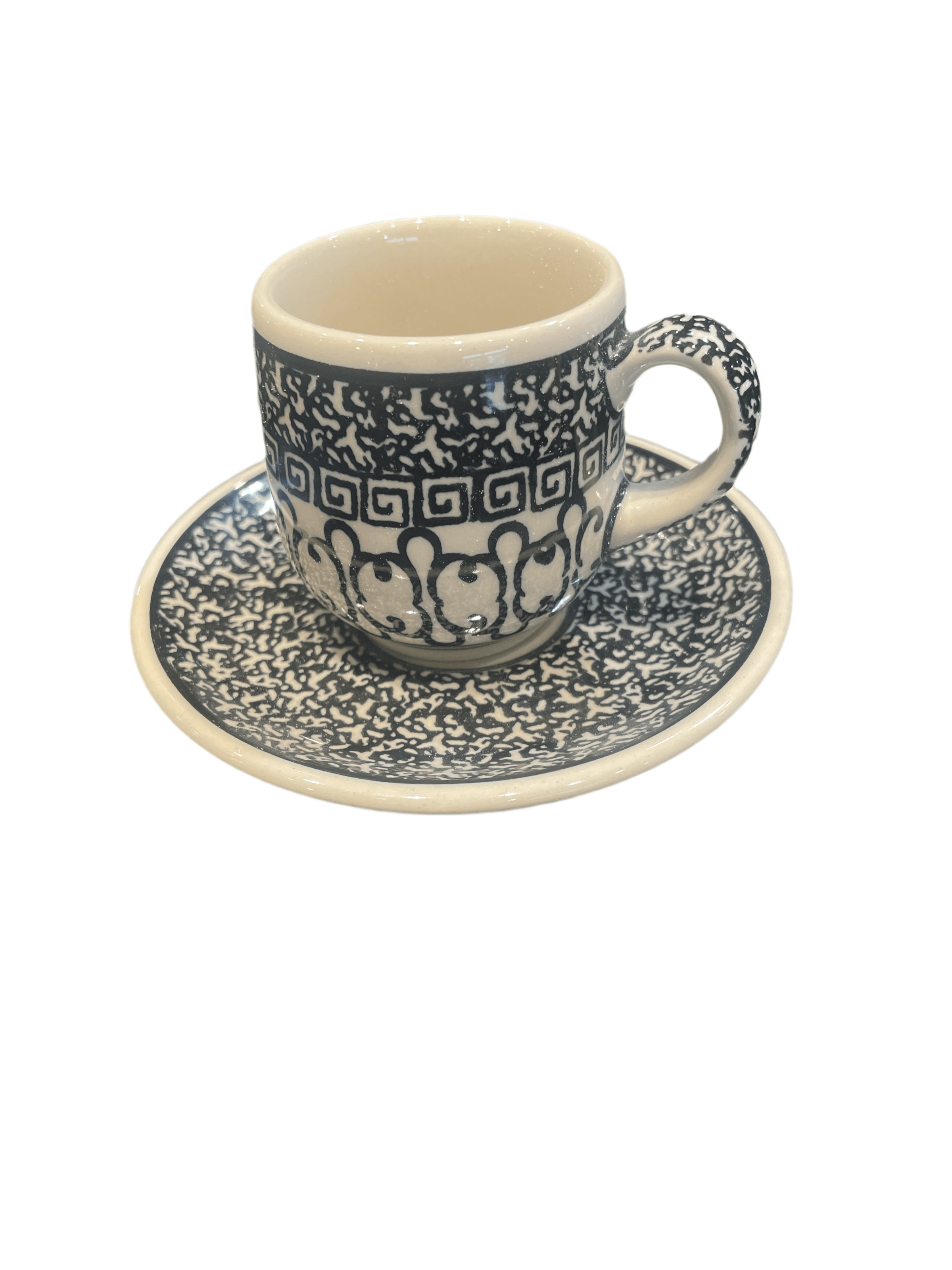 POLISH POTTERY, BOLESLAWIEC, FILIZANKA MALA,SMALL CUP+SAUCER,D44, CZARNA