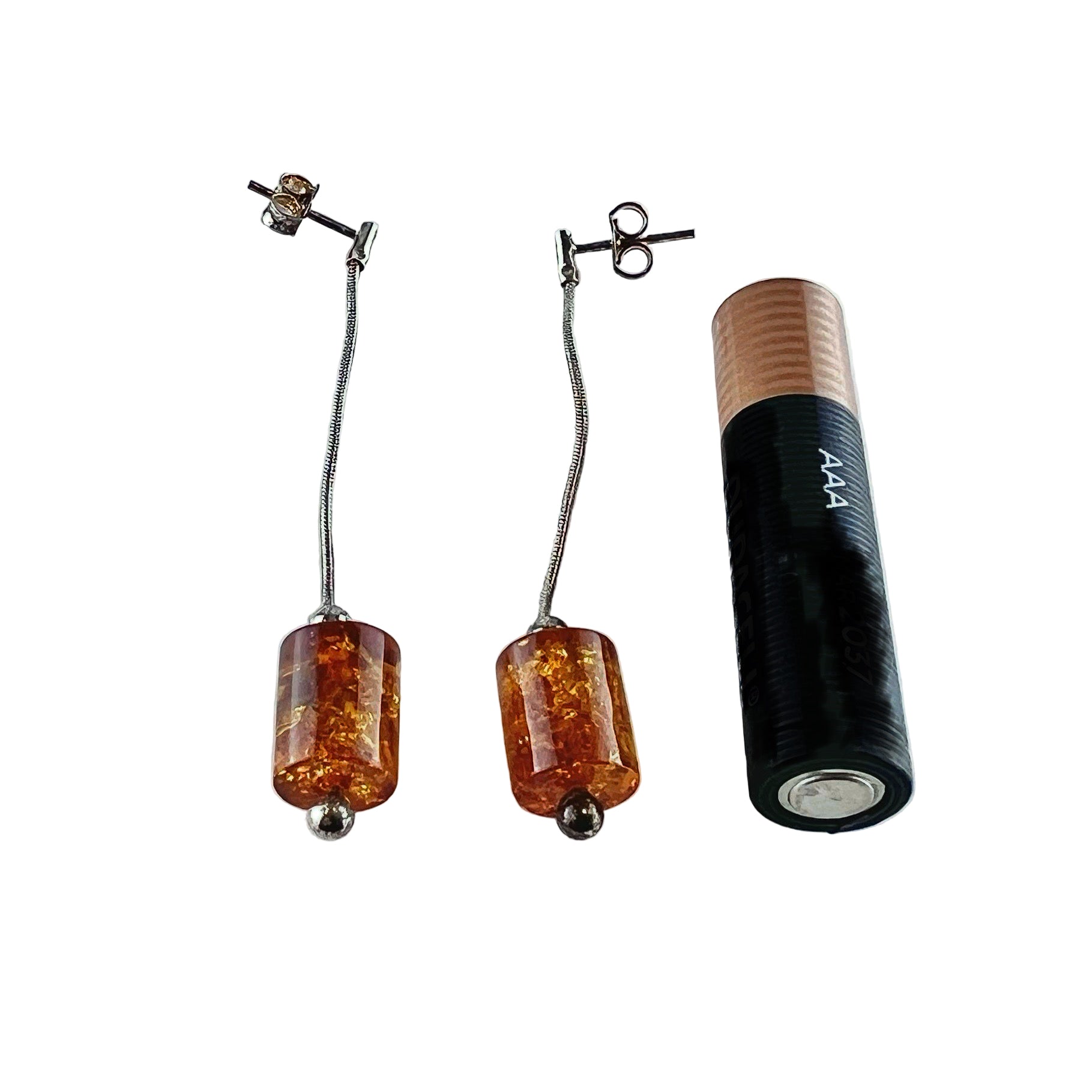 Cognac Baltic Amber Threader Earrings – Long Sterling Silver Cylinder Drops for Women