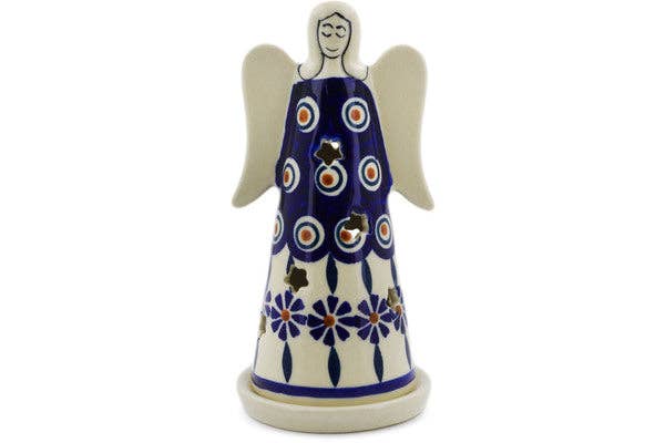 Candle Holder 6" Peacock Theme, polish pottery Boleslawiec