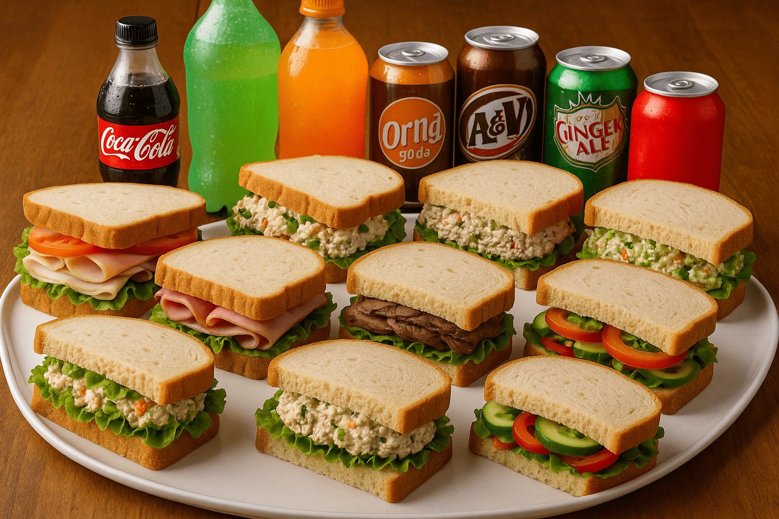 10 sandwiches white rye bread with veriaty of soft drinks