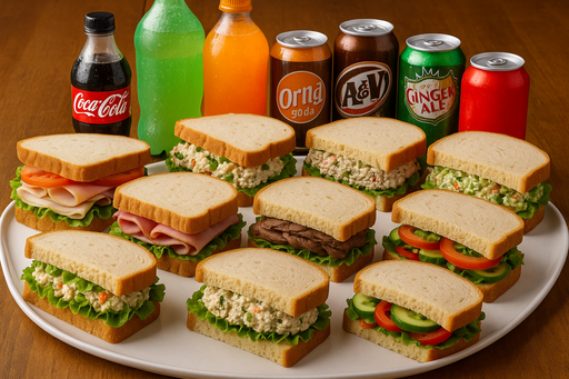 10 sandwiches white rye bread with veriaty of soft drinks