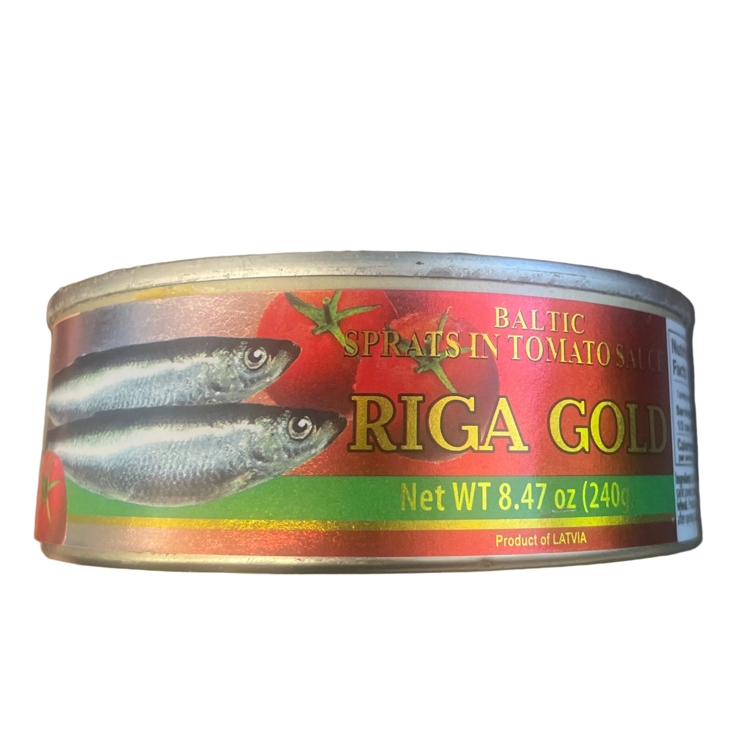 Can of Riga Gold fish on a wooden surface