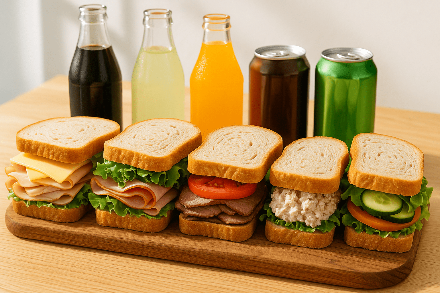 5 sandwiches white rye bread and variety of soft drinks 