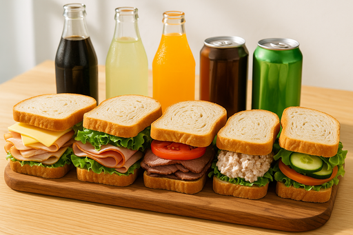 5 sandwiches white rye bread and variety of soft drinks 