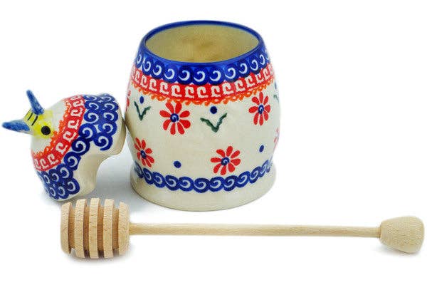 Honey Jar with Dipper 5" Red Daisy Theme