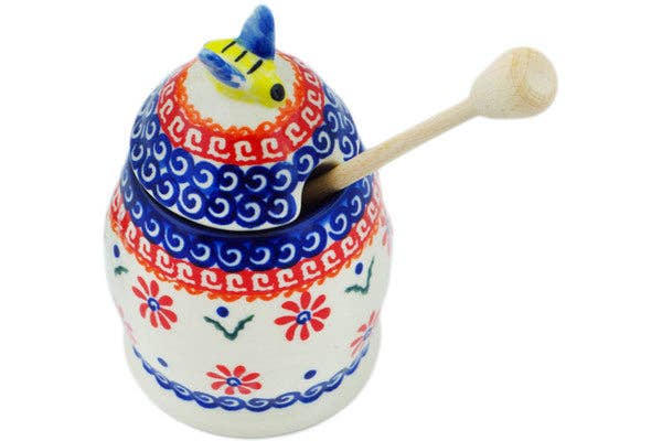Honey Jar with Dipper 5" Red Daisy Theme