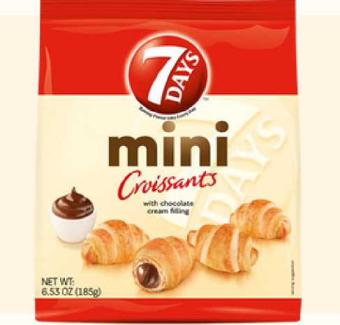 Packaging of 7 Days mini croissants with chocolate cream filling on a white background