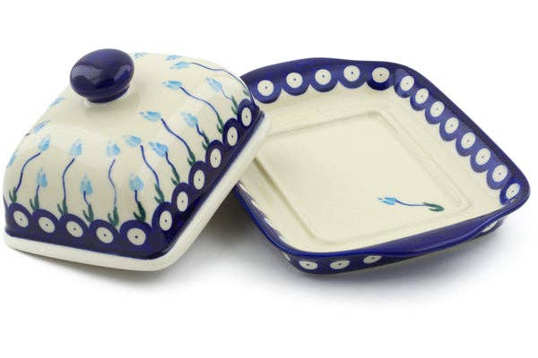 Butter Dish 8" Peacock Tulip Garden Theme, polish pottery Boleslawiec, maselniczka