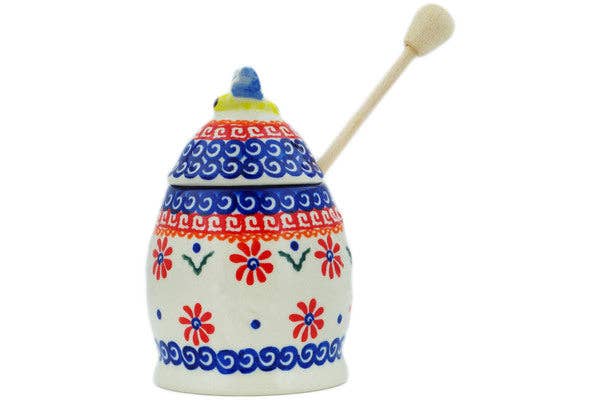 Honey Jar with Dipper 5" Red Daisy Theme
