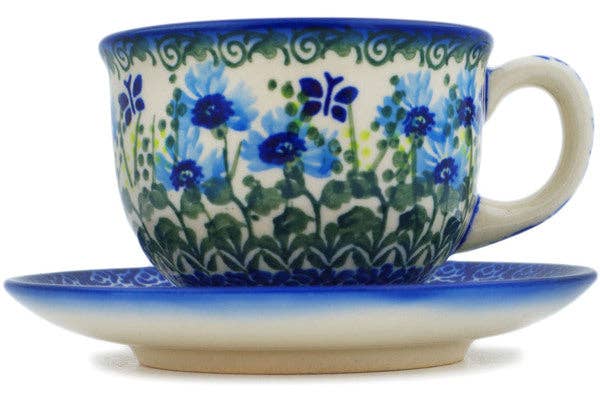 Cup with Saucer Fresh Flora Theme, polish pottery Boleslawiec