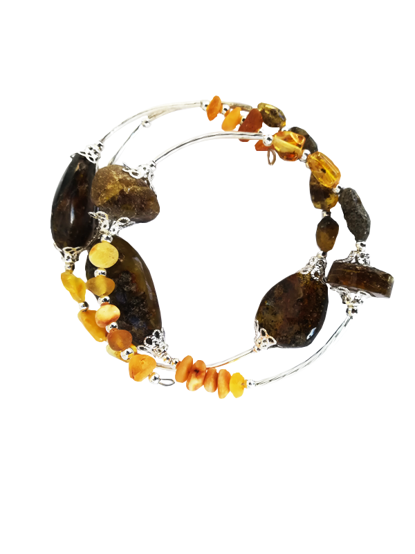 Spiral bracelet with big and small amber pieces