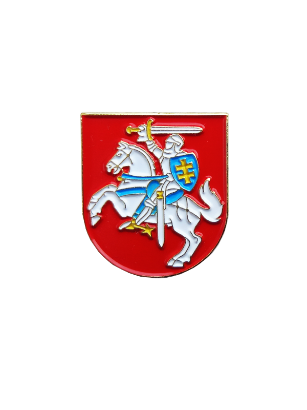 Metal badge colored "Vytis" on a red background