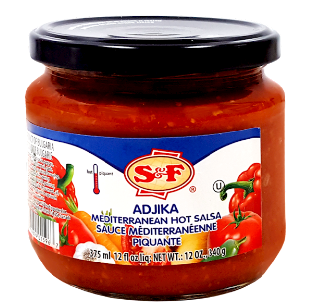 Jar of S&F Adjika Mediterranean Hot Salsa on a white background