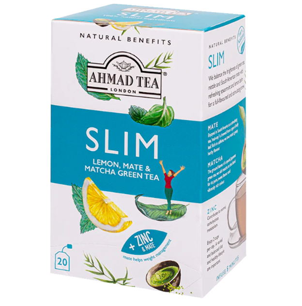 Box of Ahmad Tea Slim Lemon, Mate & Matcha Green Tea on a white background