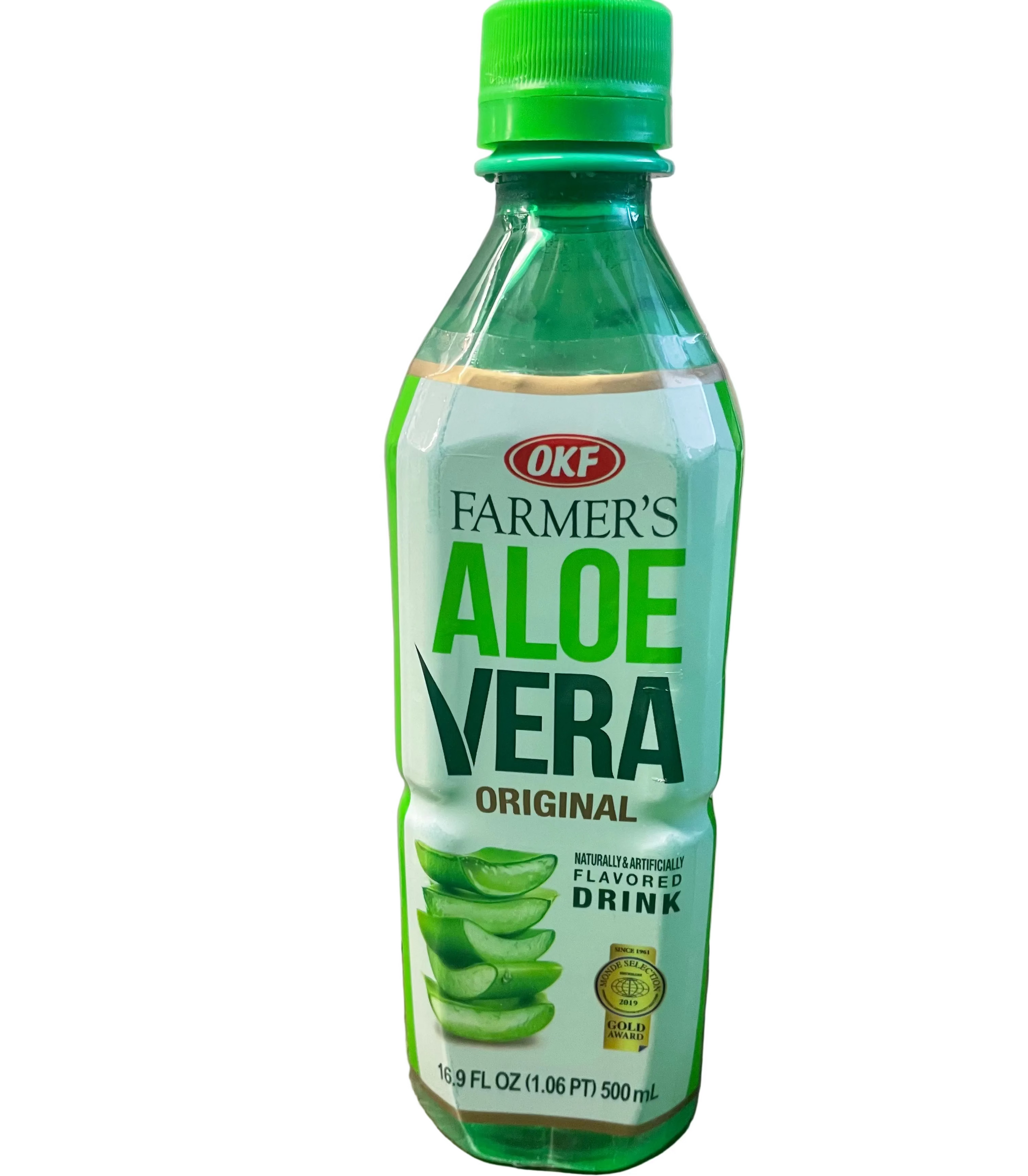 Bottle of Farmer's Aloe Vera drink on a wooden surface