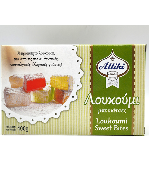 Attiki Loukoumi Sweet Bites 400g box packaging, featuring a green and cream striped design with an illustration of colorful Greek jelly sweets.