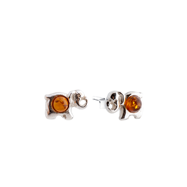 Baltic Amber Elephants for good luck - 925 silver stud earrings