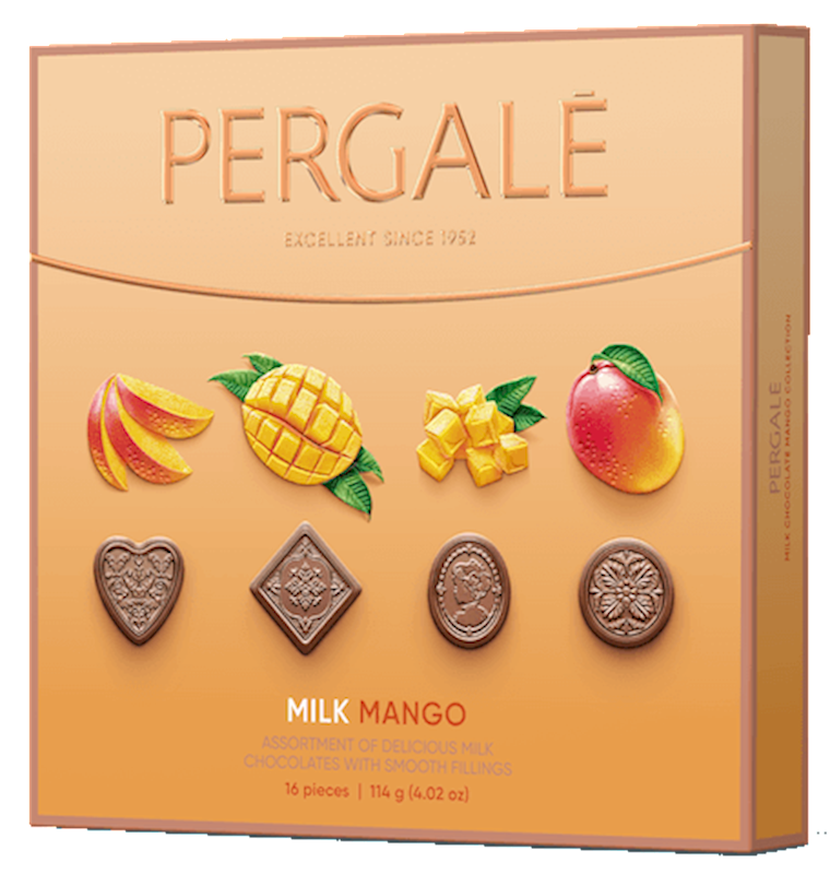 A PERGALE branded gift box of Milk Chocolate Assorted Mango flavored chocolate pieces. The box is orange with images of mangoes and a heart-shaped chocolate piece, indicating the flavor.
