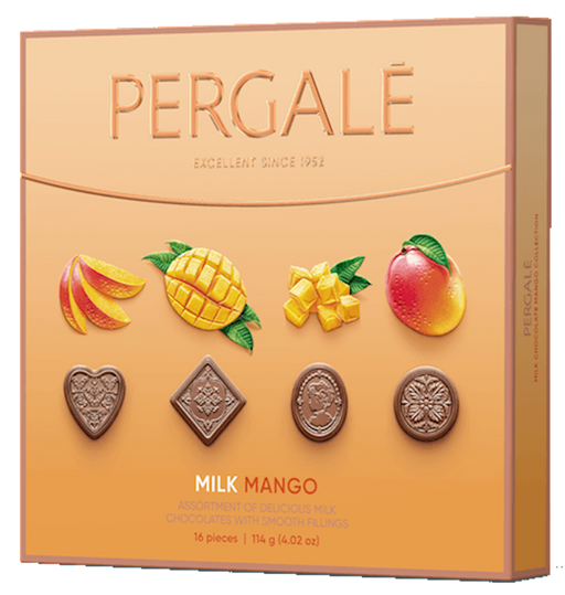A PERGALE branded gift box of Milk Chocolate Assorted Mango flavored chocolate pieces. The box is orange with images of mangoes and a heart-shaped chocolate piece, indicating the flavor.