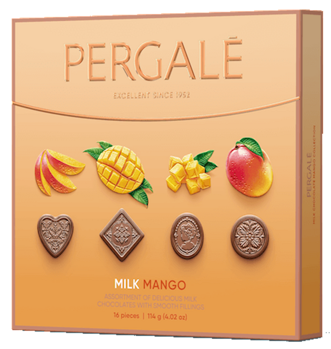 A PERGALE branded gift box of Milk Chocolate Assorted Mango flavored chocolate pieces. The box is orange with images of mangoes and a heart-shaped chocolate piece, indicating the flavor.
