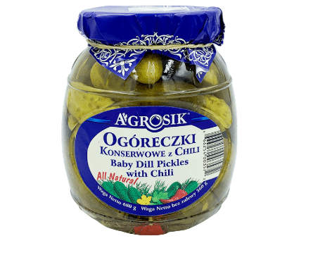 Jar of Agrosik baby dill pickles with chili on a transparent background