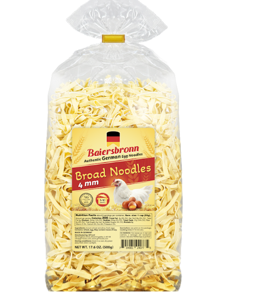 Bag of Bäiersbronn broad noodles with a clear package on a white background