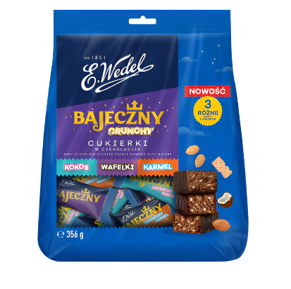 Blue packaging of E. Wedel Bajeczny Crunchy chocolate bars with colorful labels on a white background.
