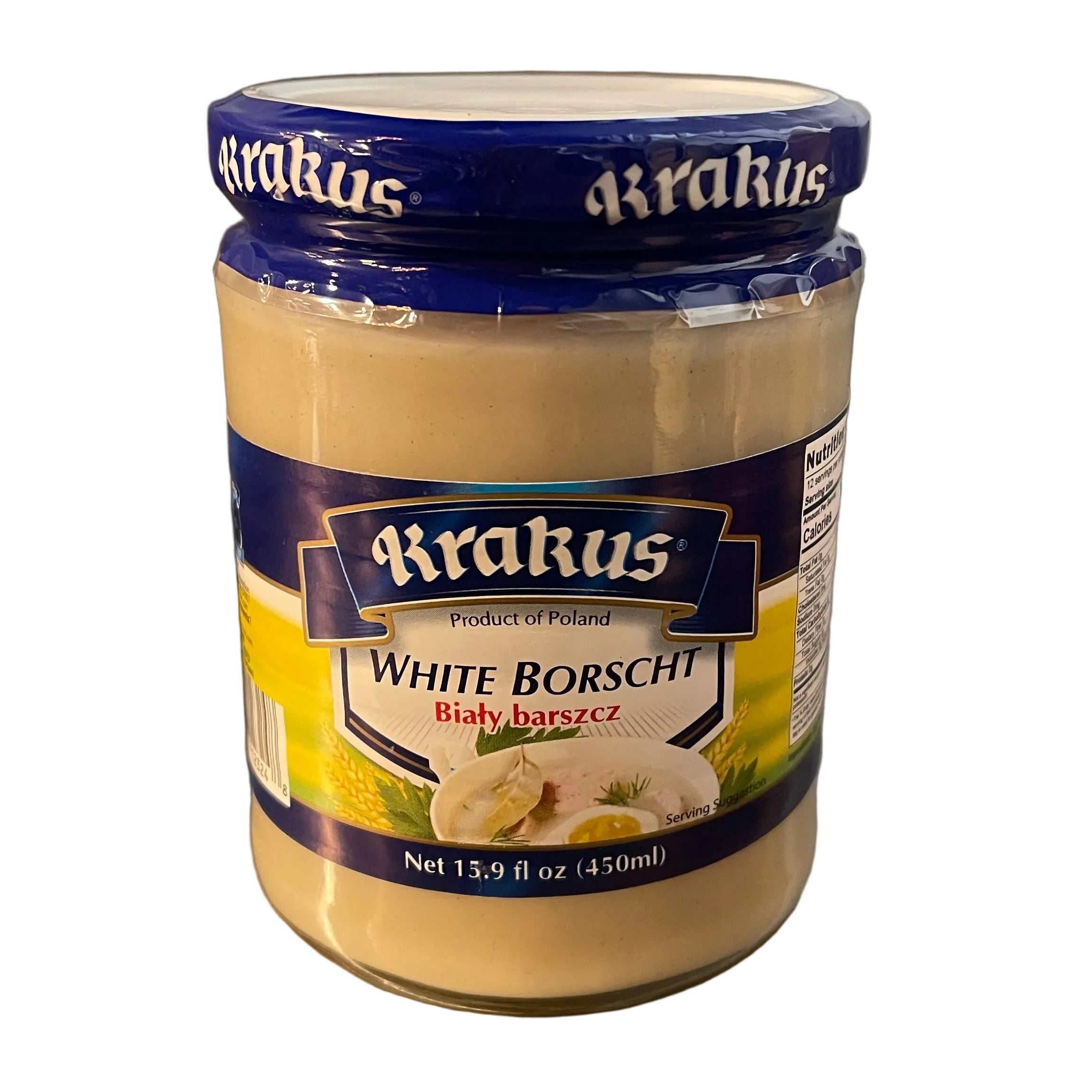 Jar of Kratkus White Borscht on a metallic surface
