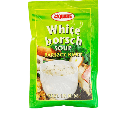 Green package of Square White Borsch Soup with a white background