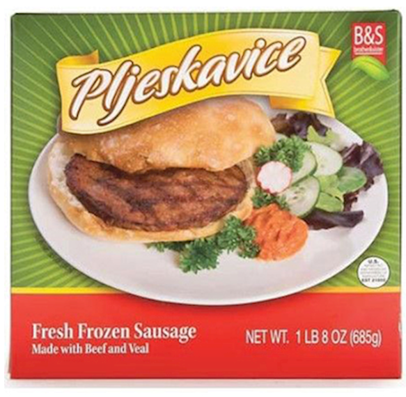 Box of B&S Pfleskavice Fresh Frozen Sausage with a sandwich and salad on a plate.