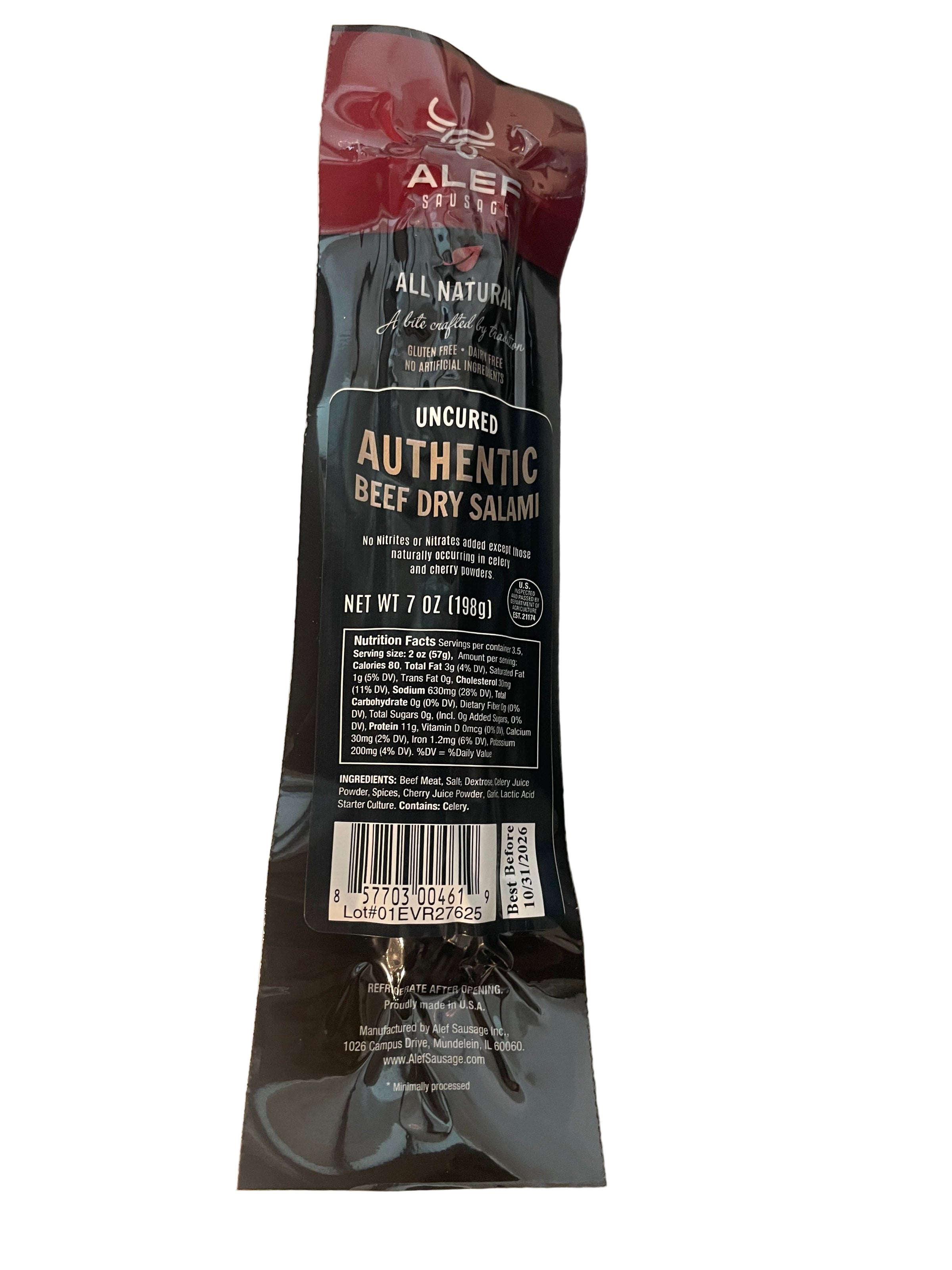 Back of a beef jerky package on a metallic surface