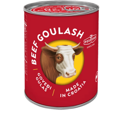 Red can of beef goulash with a cow illustration on a white background