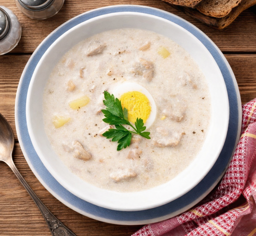 Creamy soup with a hard-boiled egg and parsley in a white bowl on a wooden table.