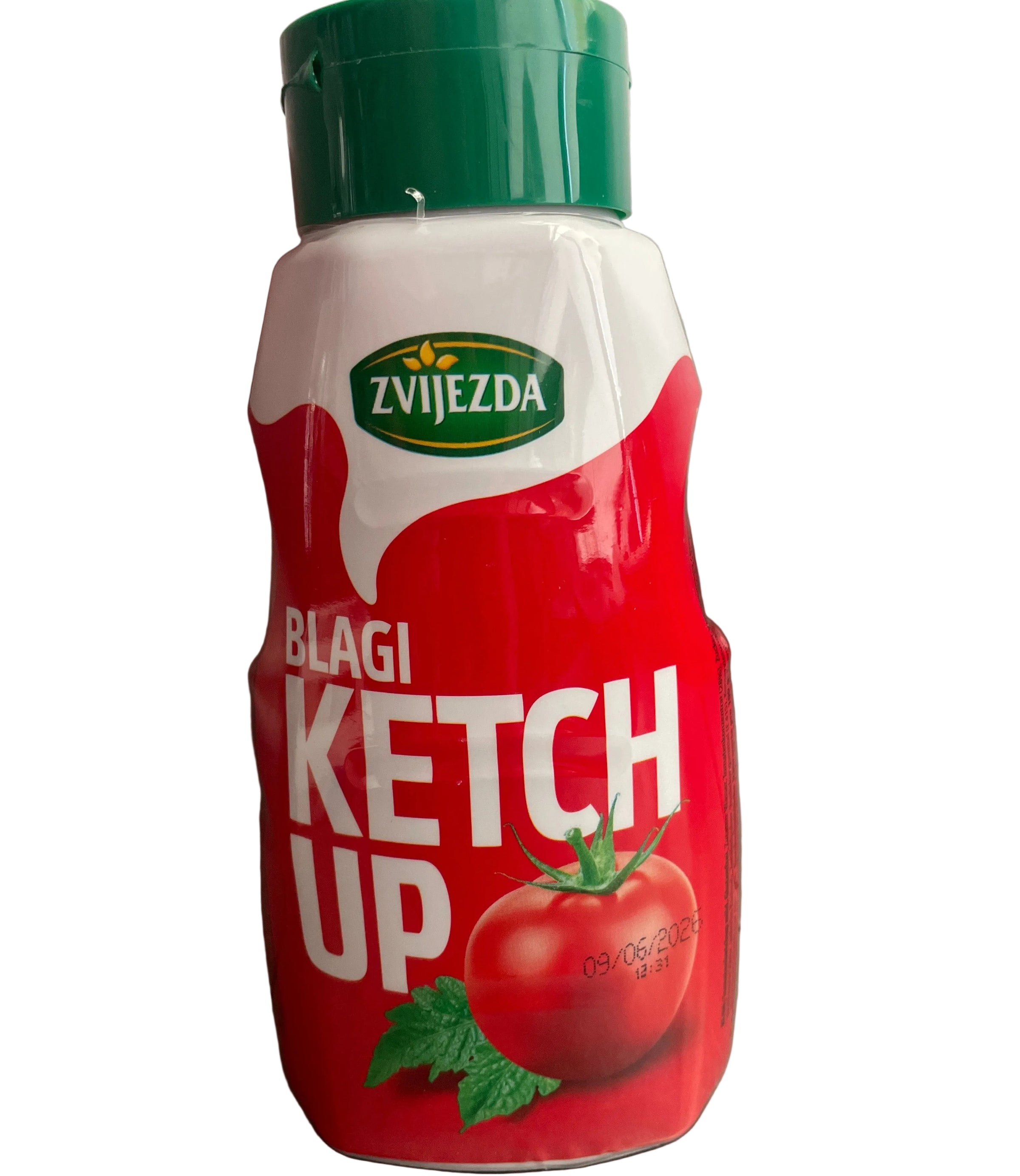 Bottle of Zwiebel Blagi Ketchup on a metallic surface