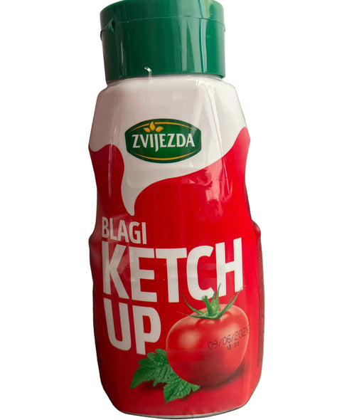 Bottle of Zwiebel Blagi Ketchup on a metallic surface