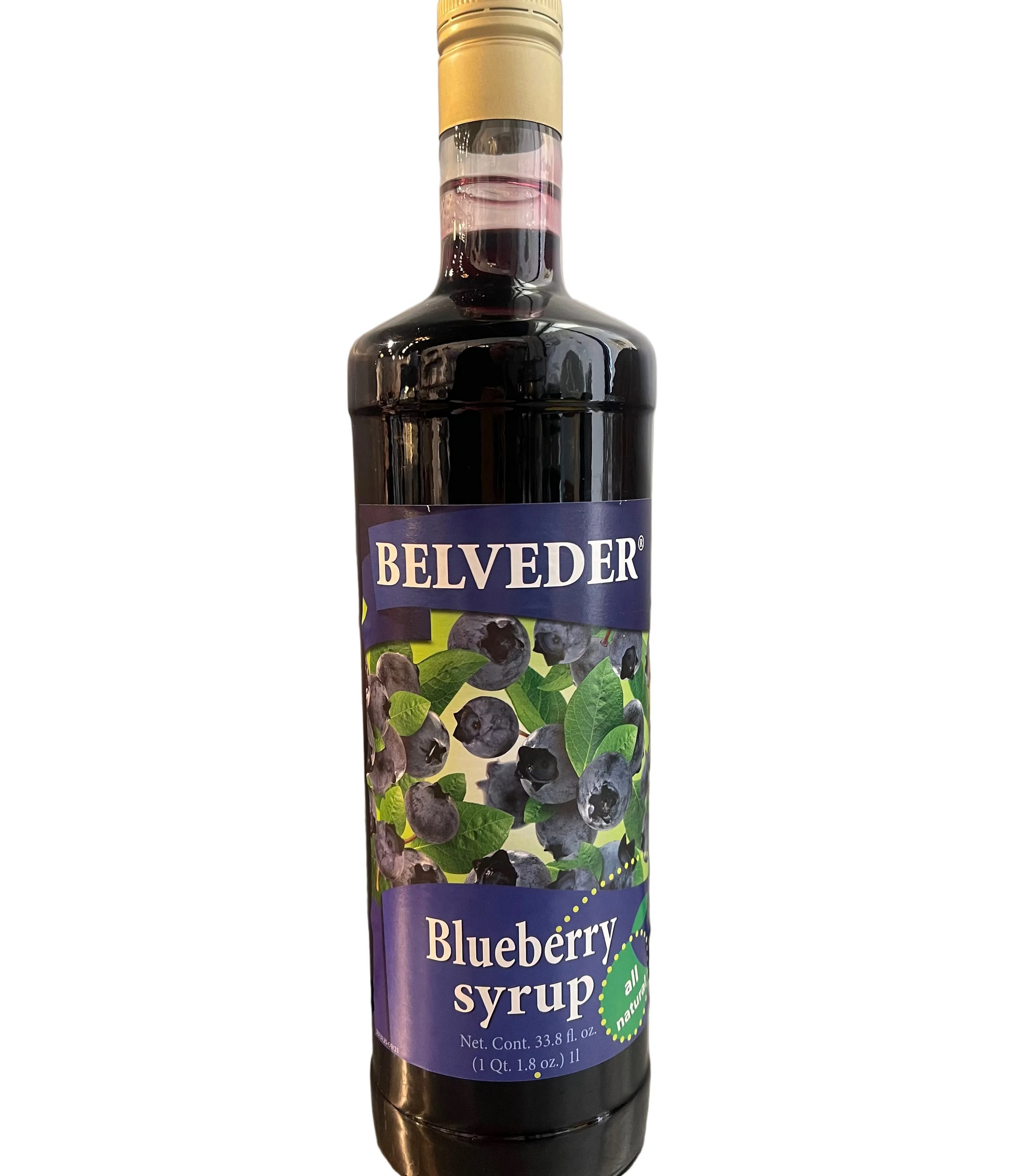 Bottle of Belvedere Blueberry syrup on a metallic surface
